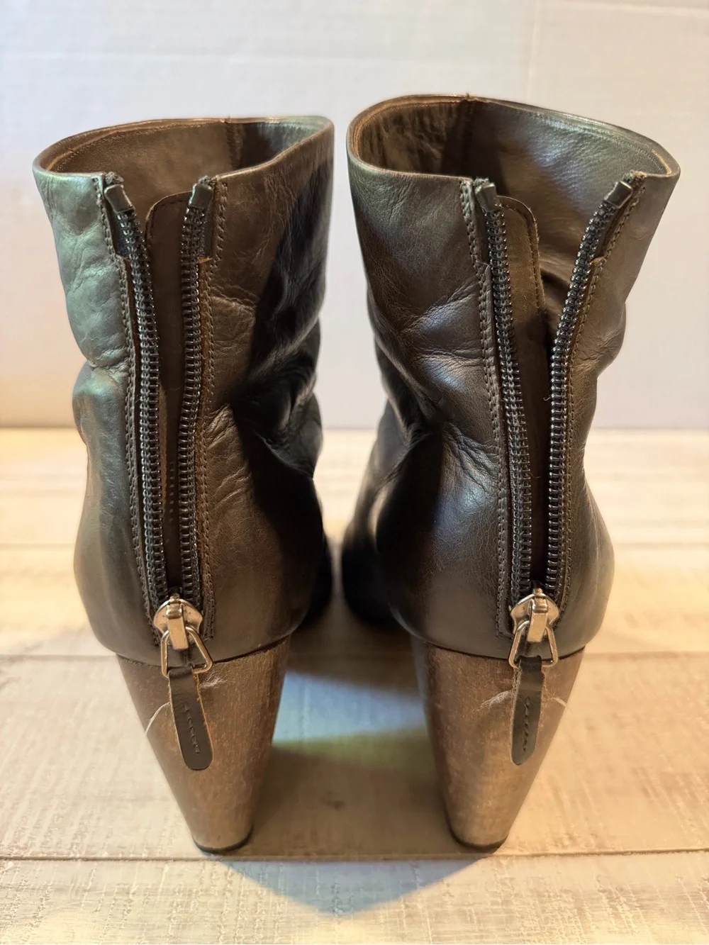 Coclico Brown Leather Slouch Ankle Boots Wood Block Heel EU 39.5 Distressed